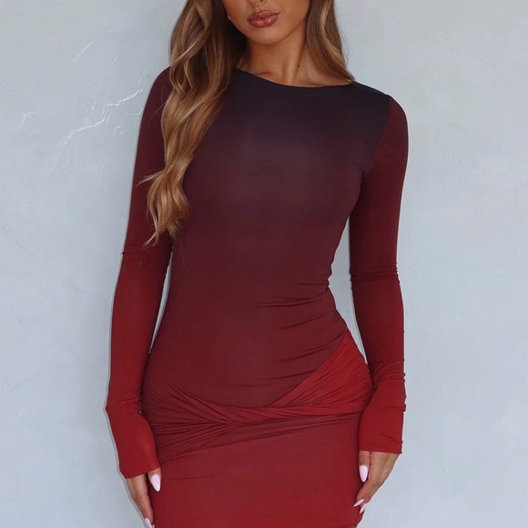 White Fox Elegant Long Sleeve Burgundy Dress - Picture 2 of 4